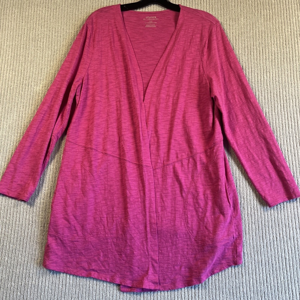 Chicos Cardigan Sz 2 Open Front Cotton Modal The Ultimate Tee Waterfall Hot Pink